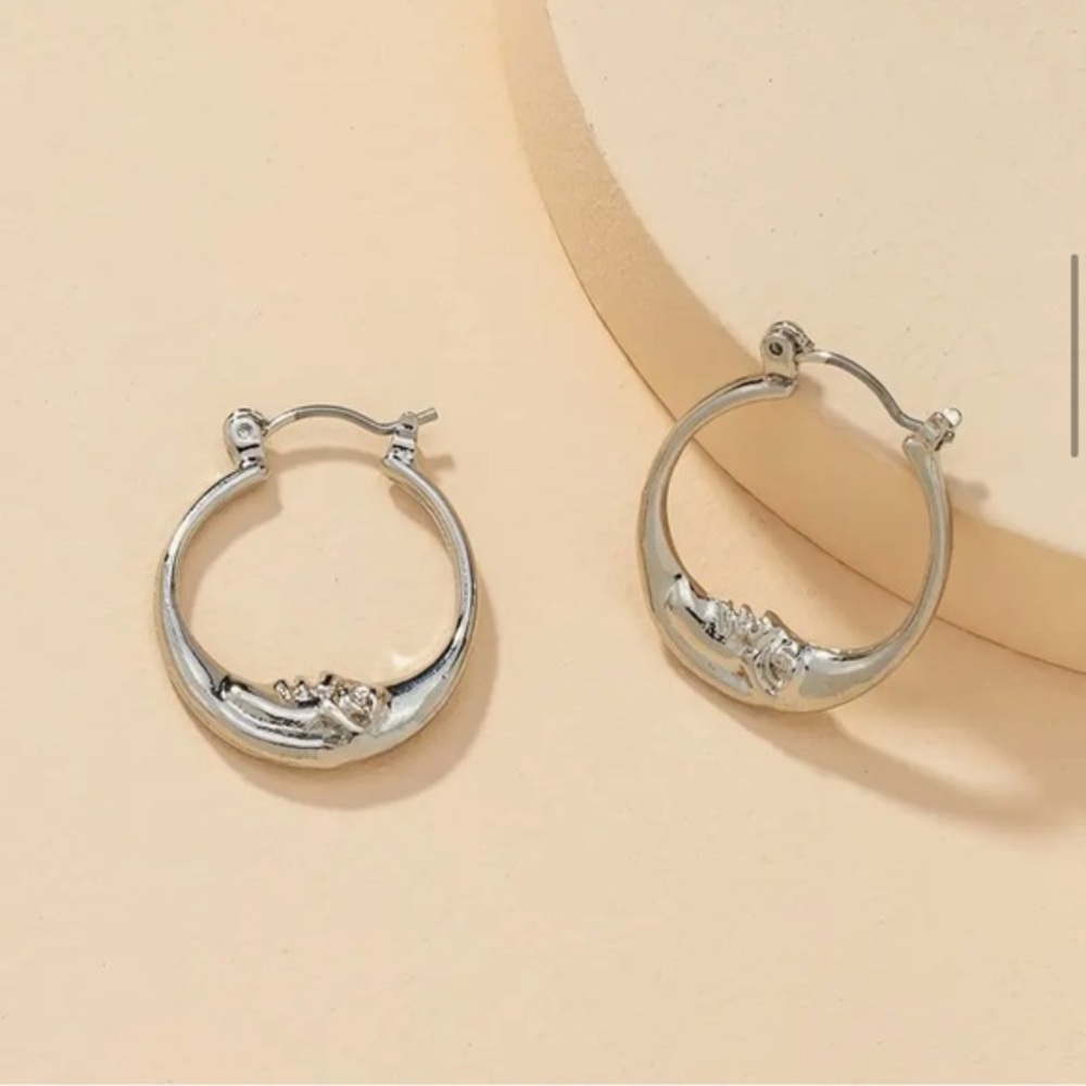 Lunar Silver Hoop Earrings Crystal Accent Minimalist Everyday Style NWT